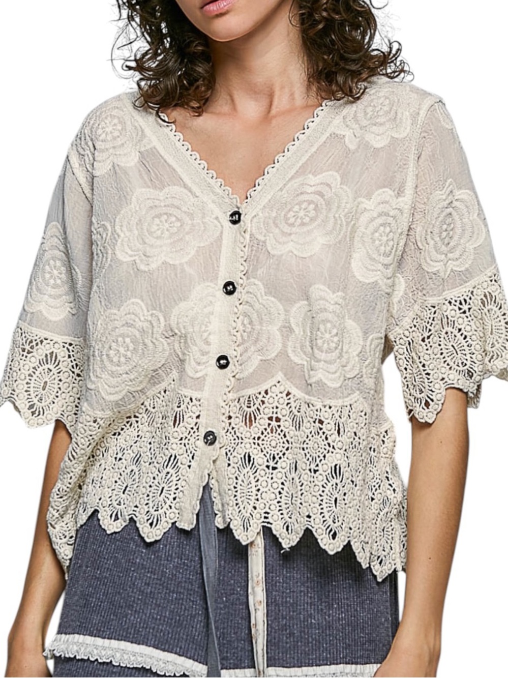 POL Cotton Crochet Embroidered Eyelet  Cream Short Sleeve Button Down